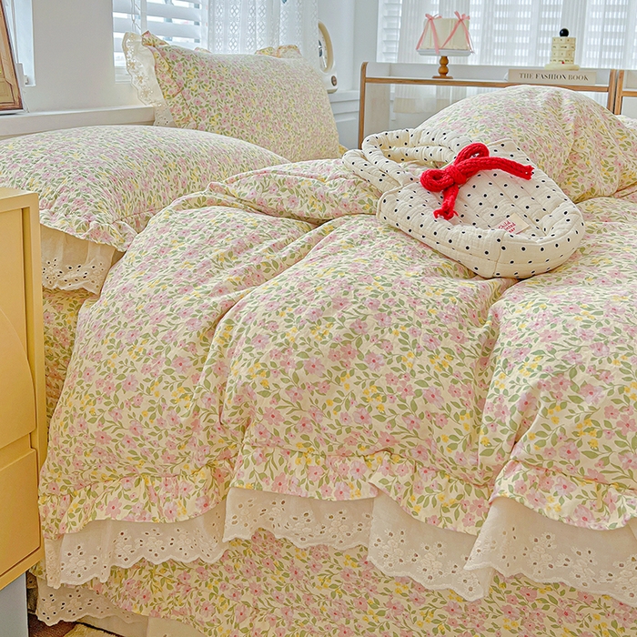 91家纺网 家纺一手货源 找家纺 （总）梦莱斯 2025新款田园碎花纯棉花边四件套-床盖款