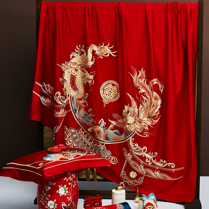 91家纺网 家纺一手货源 找家纺 布乐意 2025新款全棉长绒棉贡缎提花全工艺喷气重工新中式绣花大红婚庆四件套多件套直播九五至尊