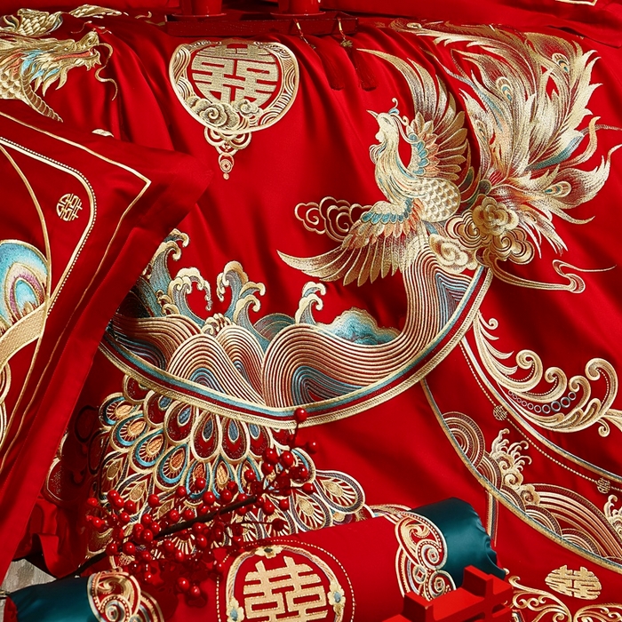 91家纺网 家纺一手货源 找家纺 布乐意 2025新款全棉长绒棉贡缎提花全工艺喷气重工新中式绣花大红婚庆四件套多件套直播九五至尊