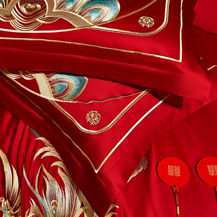 91家纺网 家纺一手货源 找家纺 布乐意 2025新款全棉长绒棉贡缎提花全工艺喷气重工新中式绣花大红婚庆四件套多件套直播九五至尊