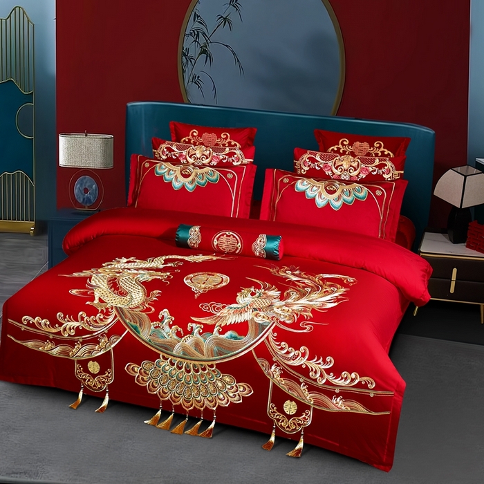 91家纺网 家纺一手货源 找家纺 布乐意 2025新款全棉长绒棉贡缎提花全工艺喷气重工新中式绣花大红婚庆四件套多件套直播九五至尊