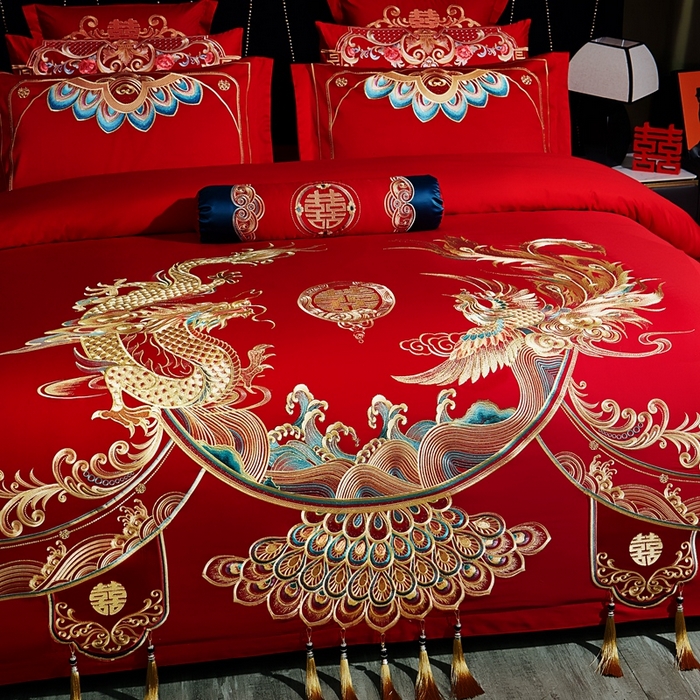 91家纺网 家纺一手货源 找家纺 布乐意 2025新款全棉长绒棉贡缎提花全工艺喷气重工新中式绣花大红婚庆四件套多件套直播九五至尊