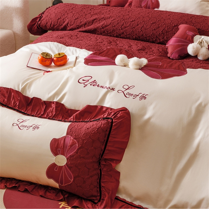 91家纺网 家纺一手货源 找家纺 宏羽纺家纺 2025新款100s全棉纯棉贡缎法式刺绣花边四件套 纯棉时尚-知喜-拼色