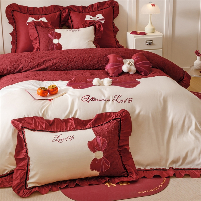 91家纺网 家纺一手货源 找家纺 宏羽纺家纺 2025新款100s全棉纯棉贡缎法式刺绣花边四件套 纯棉时尚-知喜-拼色