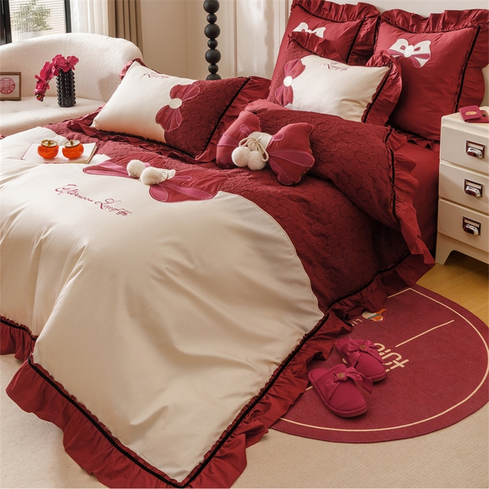 91家纺网 家纺一手货源 找家纺 宏羽纺家纺 2025新款100s全棉纯棉贡缎法式刺绣花边四件套 纯棉时尚-知喜-拼色