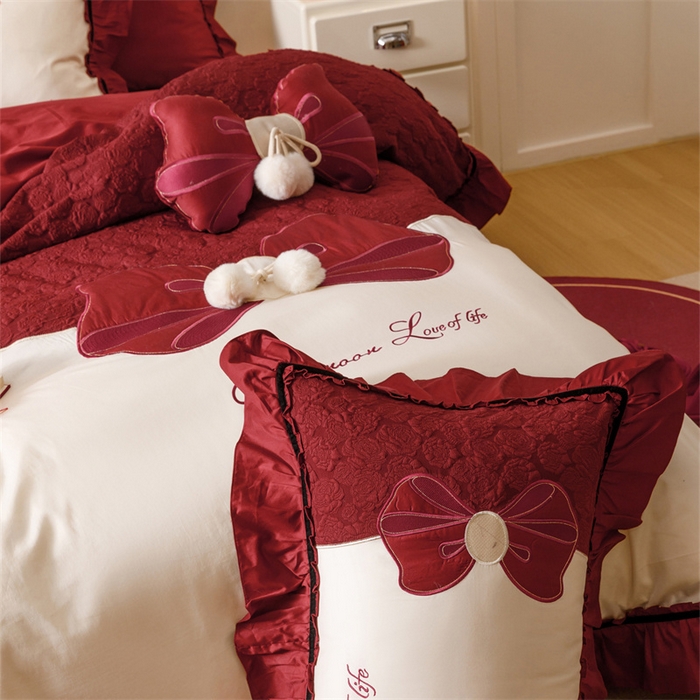 91家纺网 家纺一手货源 找家纺 宏羽纺家纺 2025新款100s全棉纯棉贡缎法式刺绣花边四件套 纯棉时尚-知喜-拼色