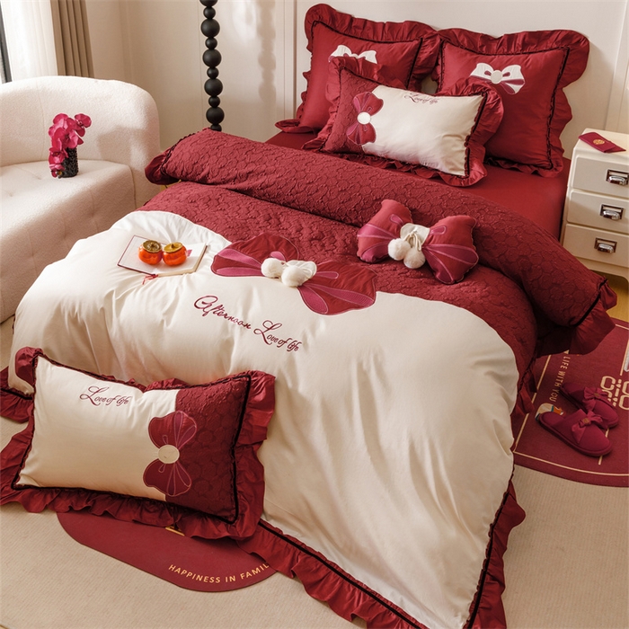 91家纺网 家纺一手货源 找家纺 宏羽纺家纺 2025新款100s全棉纯棉贡缎法式刺绣花边四件套 纯棉时尚-知喜-拼色