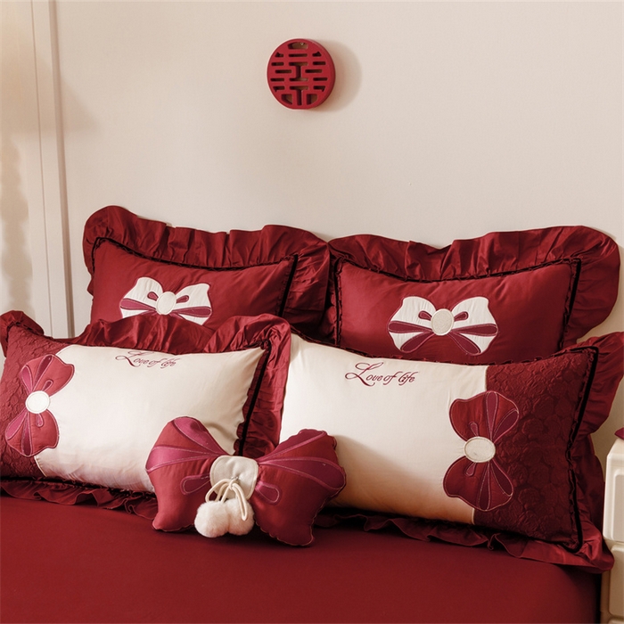 91家纺网 家纺一手货源 找家纺 宏羽纺家纺 2025新款100s全棉纯棉贡缎法式刺绣花边四件套 纯棉时尚-知喜-拼色