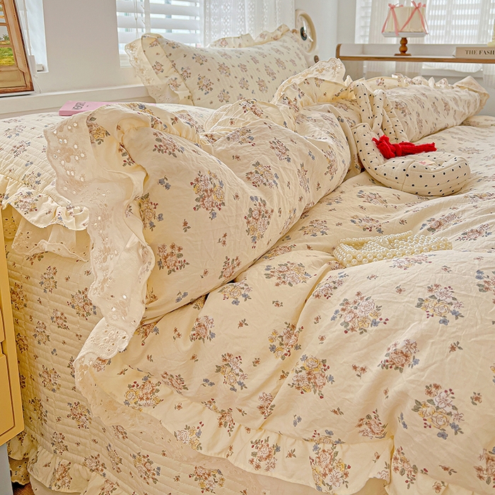 91家纺网 家纺一手货源 找家纺 梦莱斯 2025新款田园碎花纯棉花边四件套-床盖款 莱茵