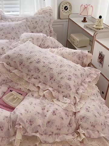 91家纺网 家纺一手货源 找家纺 梦莱斯 2025新款田园碎花纯棉花边四件套-床盖款 秘境花园