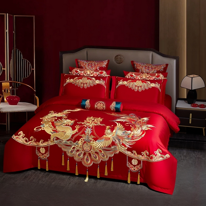 91家纺网 家纺一手货源 找家纺 布乐意 2025新款全棉长绒棉贡缎提花全工艺喷气重工新中式绣花大红婚庆四件套多件套直播龙凤和鸣