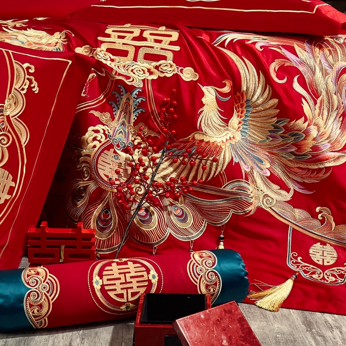 91家纺网 家纺一手货源 找家纺 布乐意 2025新款全棉长绒棉贡缎提花全工艺喷气重工新中式绣花大红婚庆四件套多件套直播龙凤和鸣