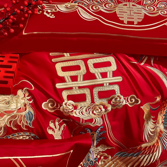 91家纺网 家纺一手货源 找家纺 布乐意 2025新款全棉长绒棉贡缎提花全工艺喷气重工新中式绣花大红婚庆四件套多件套直播龙凤和鸣