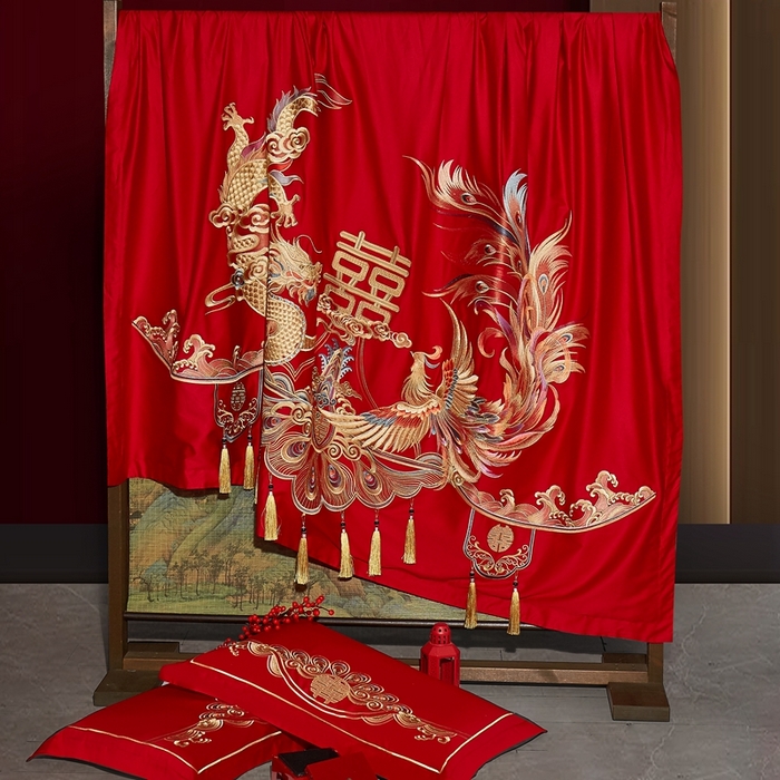 91家纺网 家纺一手货源 找家纺 布乐意 2025新款全棉长绒棉贡缎提花全工艺喷气重工新中式绣花大红婚庆四件套多件套直播龙凤和鸣