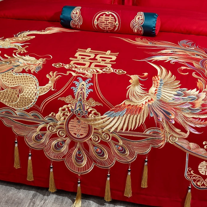 91家纺网 家纺一手货源 找家纺 布乐意 2025新款全棉长绒棉贡缎提花全工艺喷气重工新中式绣花大红婚庆四件套多件套直播龙凤和鸣