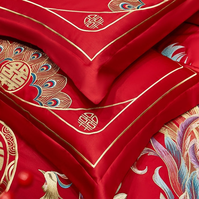 91家纺网 家纺一手货源 找家纺 布乐意 2025新款全棉长绒棉贡缎提花全工艺喷气重工新中式绣花大红婚庆四件套多件套直播龙凤吉祥