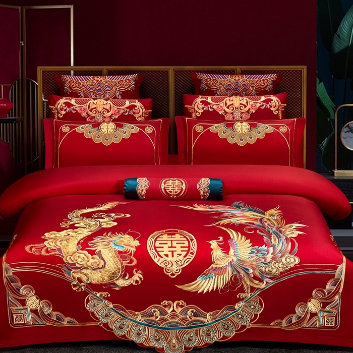 91家纺网 家纺一手货源 找家纺 布乐意 2025新款全棉长绒棉贡缎提花全工艺喷气重工新中式绣花大红婚庆四件套多件套直播龙凤吉祥