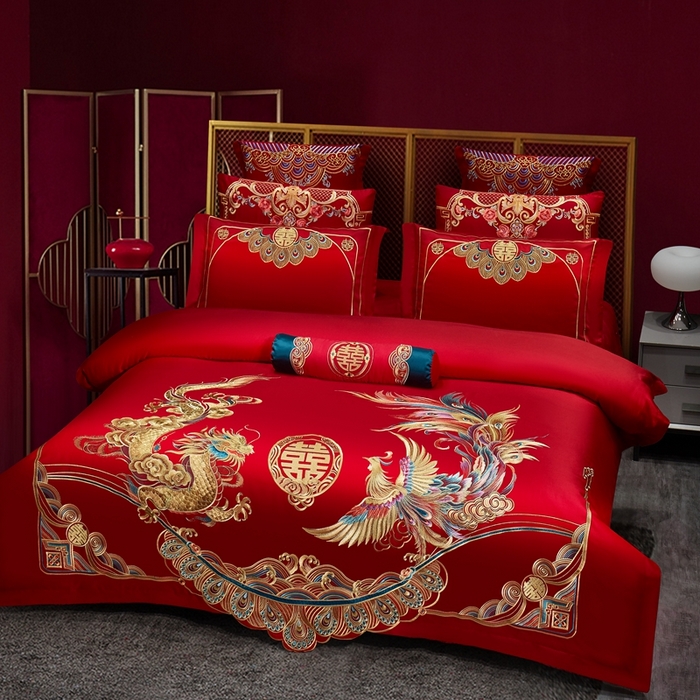 91家纺网 家纺一手货源 找家纺 布乐意 2025新款全棉长绒棉贡缎提花全工艺喷气重工新中式绣花大红婚庆四件套多件套直播龙凤吉祥