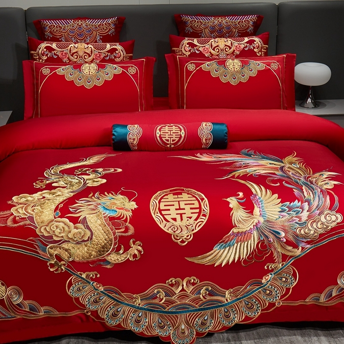 91家纺网 家纺一手货源 找家纺 布乐意 2025新款全棉长绒棉贡缎提花全工艺喷气重工新中式绣花大红婚庆四件套多件套直播龙凤吉祥