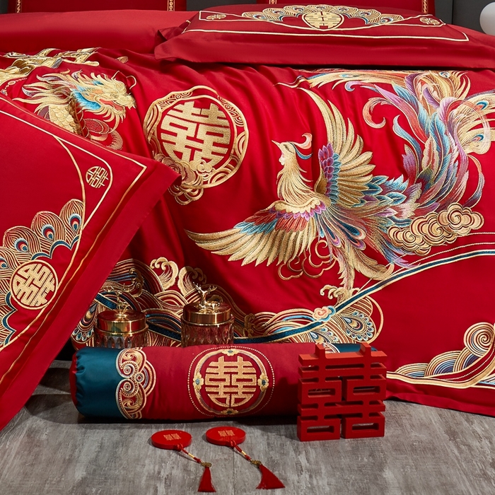 91家纺网 家纺一手货源 找家纺 布乐意 2025新款全棉长绒棉贡缎提花全工艺喷气重工新中式绣花大红婚庆四件套多件套直播龙凤吉祥