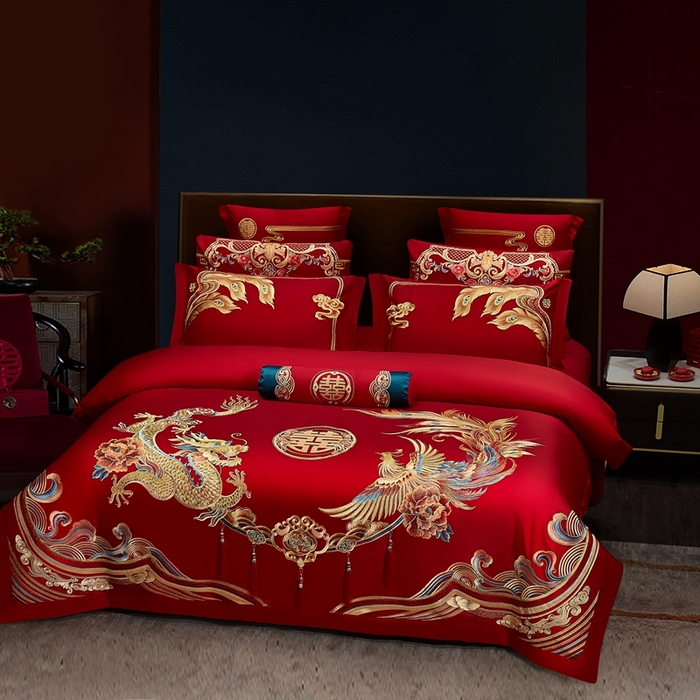 91家纺网 家纺一手货源 找家纺 布乐意 2025新款全棉长绒棉贡缎提花全工艺喷气重工新中式绣花大红婚庆四件套多件套直播龙凤佳人