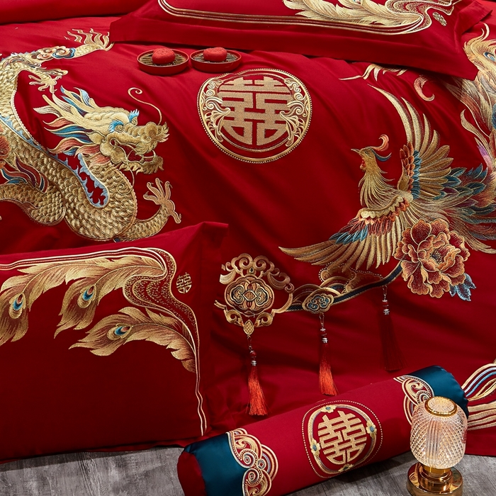 91家纺网 家纺一手货源 找家纺 布乐意 2025新款全棉长绒棉贡缎提花全工艺喷气重工新中式绣花大红婚庆四件套多件套直播龙凤佳人