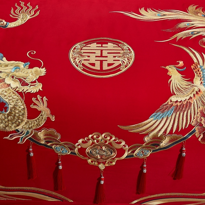 91家纺网 家纺一手货源 找家纺 布乐意 2025新款全棉长绒棉贡缎提花全工艺喷气重工新中式绣花大红婚庆四件套多件套直播龙凤佳人