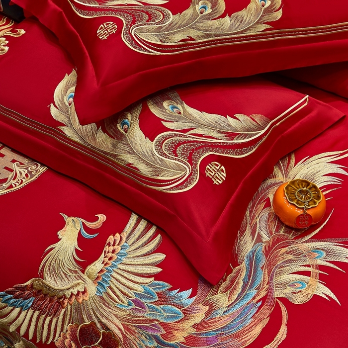 91家纺网 家纺一手货源 找家纺 布乐意 2025新款全棉长绒棉贡缎提花全工艺喷气重工新中式绣花大红婚庆四件套多件套直播龙凤佳人