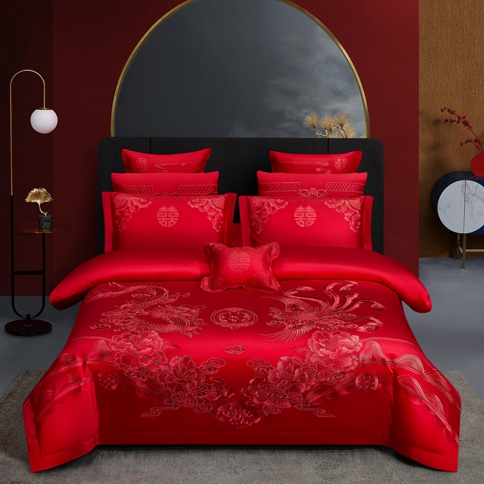 91家纺网 家纺一手货源 找家纺 布乐意 2025新款全棉长绒棉贡缎提花全工艺喷气重工新中式绣花大红婚庆四件套多件套直播龙凤礼赞【红】