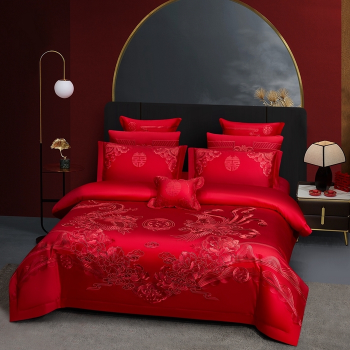 91家纺网 家纺一手货源 找家纺 布乐意 2025新款全棉长绒棉贡缎提花全工艺喷气重工新中式绣花大红婚庆四件套多件套直播龙凤礼赞【红】