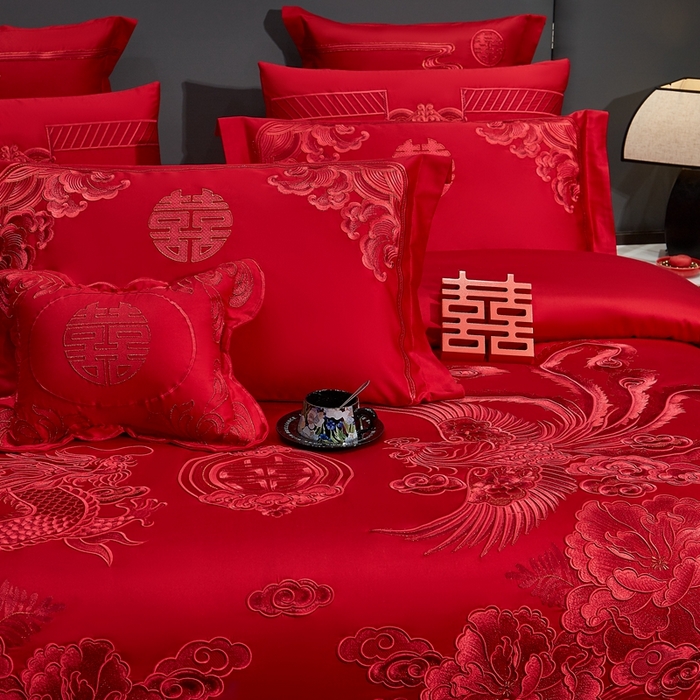 91家纺网 家纺一手货源 找家纺 布乐意 2025新款全棉长绒棉贡缎提花全工艺喷气重工新中式绣花大红婚庆四件套多件套直播龙凤礼赞【红】