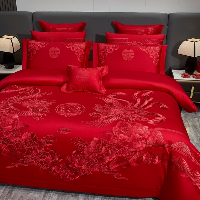 91家纺网 家纺一手货源 找家纺 布乐意 2025新款全棉长绒棉贡缎提花全工艺喷气重工新中式绣花大红婚庆四件套多件套直播龙凤礼赞【红】