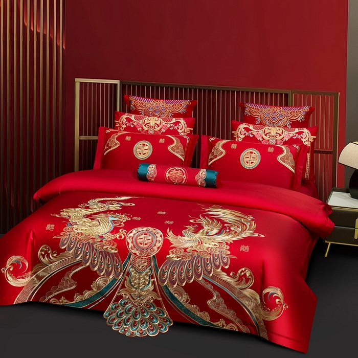 91家纺网 家纺一手货源 找家纺 布乐意 2025新款全棉长绒棉贡缎提花全工艺喷气重工新中式绣花大红婚庆四件套多件套直播龙凤山河