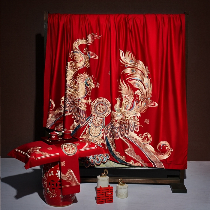 91家纺网 家纺一手货源 找家纺 布乐意 2025新款全棉长绒棉贡缎提花全工艺喷气重工新中式绣花大红婚庆四件套多件套直播龙凤山河