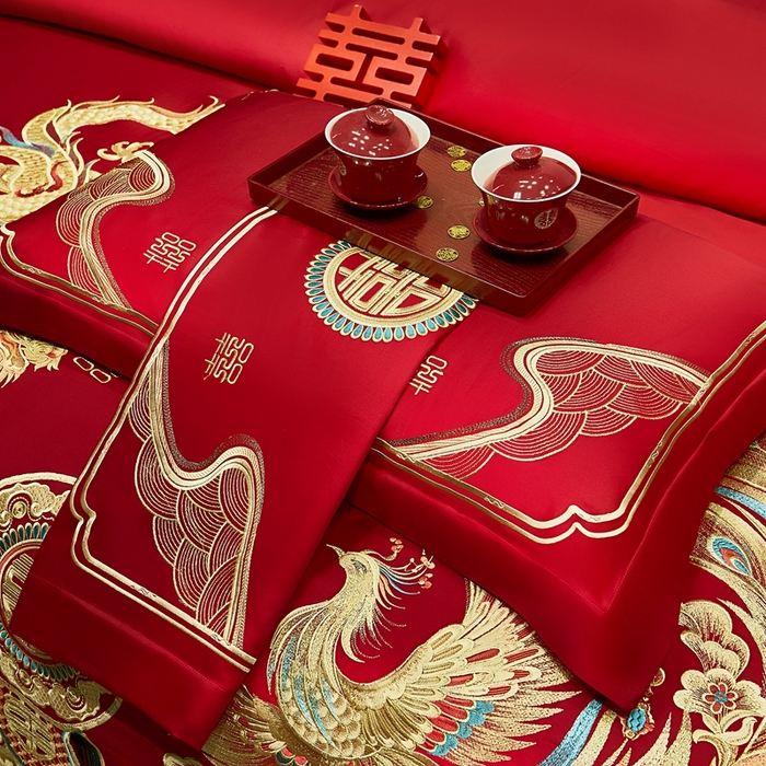 91家纺网 家纺一手货源 找家纺 布乐意 2025新款全棉长绒棉贡缎提花全工艺喷气重工新中式绣花大红婚庆四件套多件套直播龙凤山河