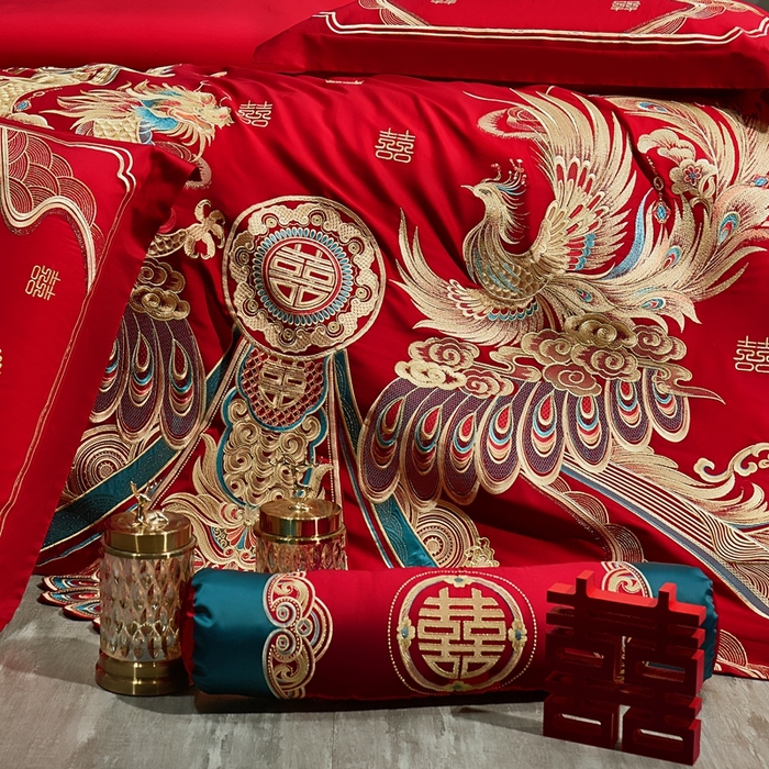 91家纺网 家纺一手货源 找家纺 布乐意 2025新款全棉长绒棉贡缎提花全工艺喷气重工新中式绣花大红婚庆四件套多件套直播龙凤山河