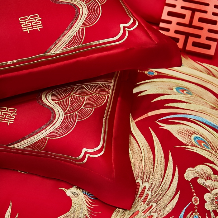 91家纺网 家纺一手货源 找家纺 布乐意 2025新款全棉长绒棉贡缎提花全工艺喷气重工新中式绣花大红婚庆四件套多件套直播龙凤山河