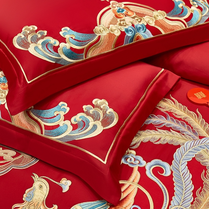 91家纺网 家纺一手货源 找家纺 布乐意 2025新款全棉长绒棉贡缎提花全工艺喷气重工新中式绣花大红婚庆四件套多件套直播龙凤祥瑞
