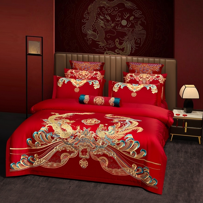 91家纺网 家纺一手货源 找家纺 布乐意 2025新款全棉长绒棉贡缎提花全工艺喷气重工新中式绣花大红婚庆四件套多件套直播龙凤祥瑞