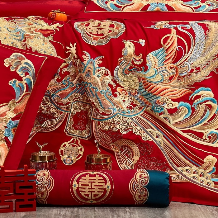 91家纺网 家纺一手货源 找家纺 布乐意 2025新款全棉长绒棉贡缎提花全工艺喷气重工新中式绣花大红婚庆四件套多件套直播龙凤祥瑞