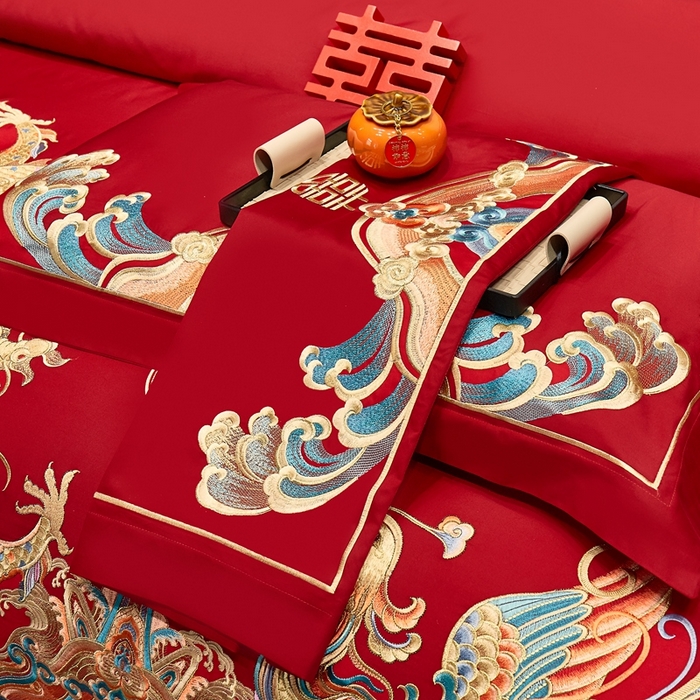 91家纺网 家纺一手货源 找家纺 布乐意 2025新款全棉长绒棉贡缎提花全工艺喷气重工新中式绣花大红婚庆四件套多件套直播龙凤祥瑞