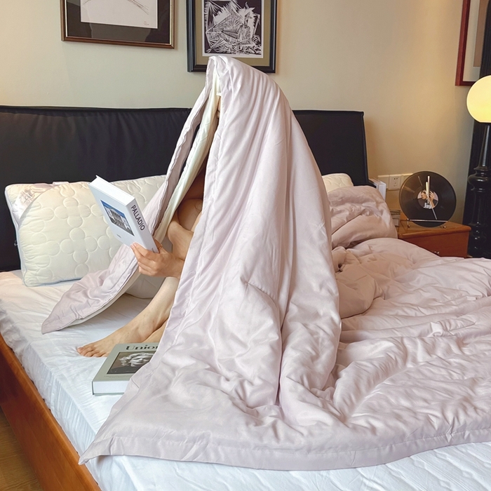 91家纺网 家纺一手货源 找家纺 兜米家居 2025新款深睡被Pro拉链款二合一控温四季被可机洗被子被芯 雾凇粉