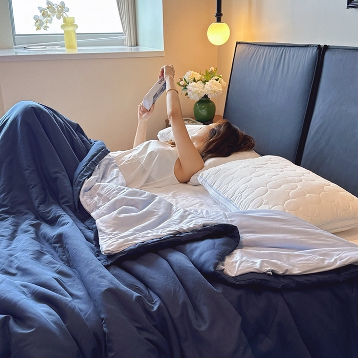 91家纺网 家纺一手货源 找家纺 兜米家居 2025新款深睡被Pro拉链款二合一控温四季被可机洗被子被芯 远山蓝