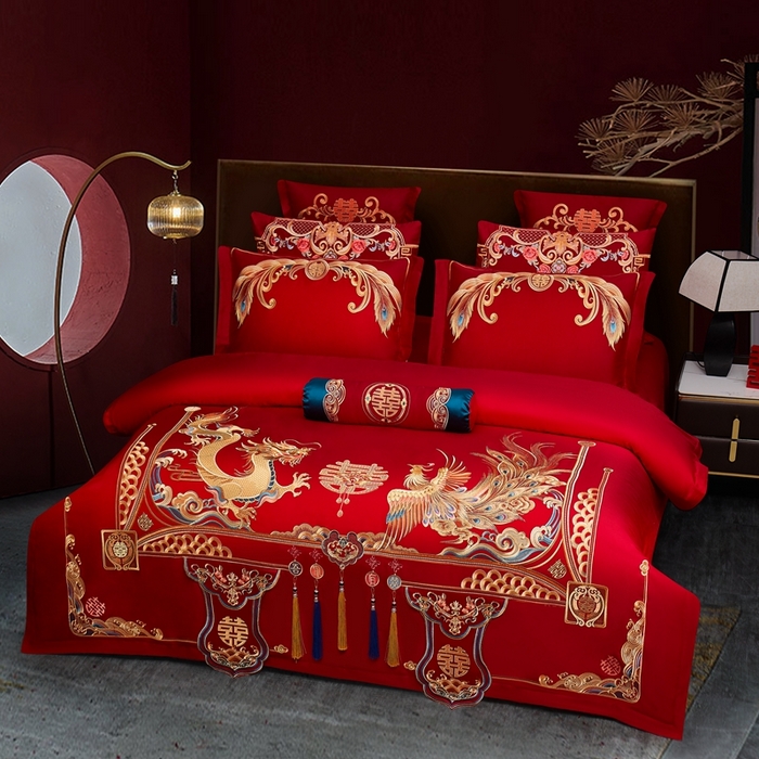 91家纺网 家纺一手货源 找家纺 布乐意 2025新款全棉长绒棉贡缎提花全工艺喷气重工新中式绣花大红婚庆四件套多件套直播万里江山