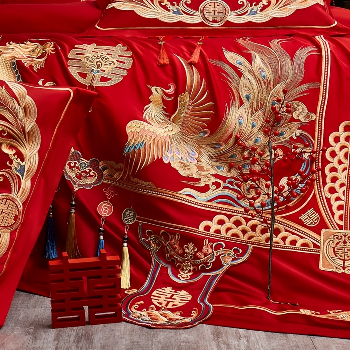 91家纺网 家纺一手货源 找家纺 布乐意 2025新款全棉长绒棉贡缎提花全工艺喷气重工新中式绣花大红婚庆四件套多件套直播万里江山