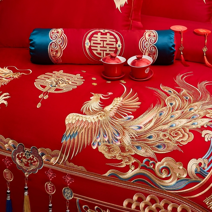 91家纺网 家纺一手货源 找家纺 布乐意 2025新款全棉长绒棉贡缎提花全工艺喷气重工新中式绣花大红婚庆四件套多件套直播万里江山
