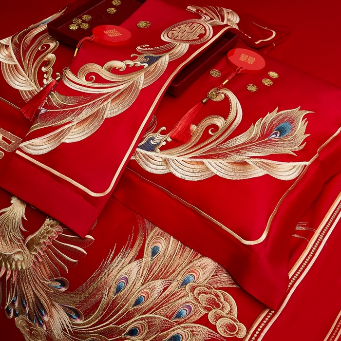 91家纺网 家纺一手货源 找家纺 布乐意 2025新款全棉长绒棉贡缎提花全工艺喷气重工新中式绣花大红婚庆四件套多件套直播万里江山