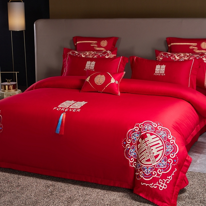 91家纺网 家纺一手货源 找家纺 布乐意 2025新款全棉长绒棉贡缎提花全工艺喷气重工新中式绣花大红婚庆四件套多件套直播吾家有喜