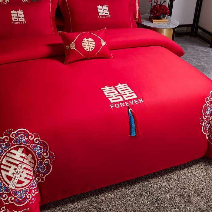 91家纺网 家纺一手货源 找家纺 布乐意 2025新款全棉长绒棉贡缎提花全工艺喷气重工新中式绣花大红婚庆四件套多件套直播吾家有喜