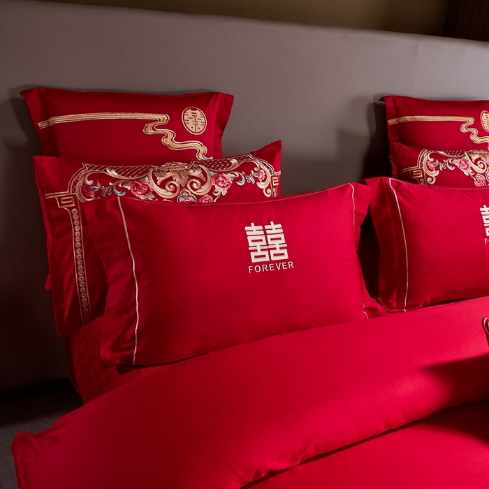 91家纺网 家纺一手货源 找家纺 布乐意 2025新款全棉长绒棉贡缎提花全工艺喷气重工新中式绣花大红婚庆四件套多件套直播吾家有喜